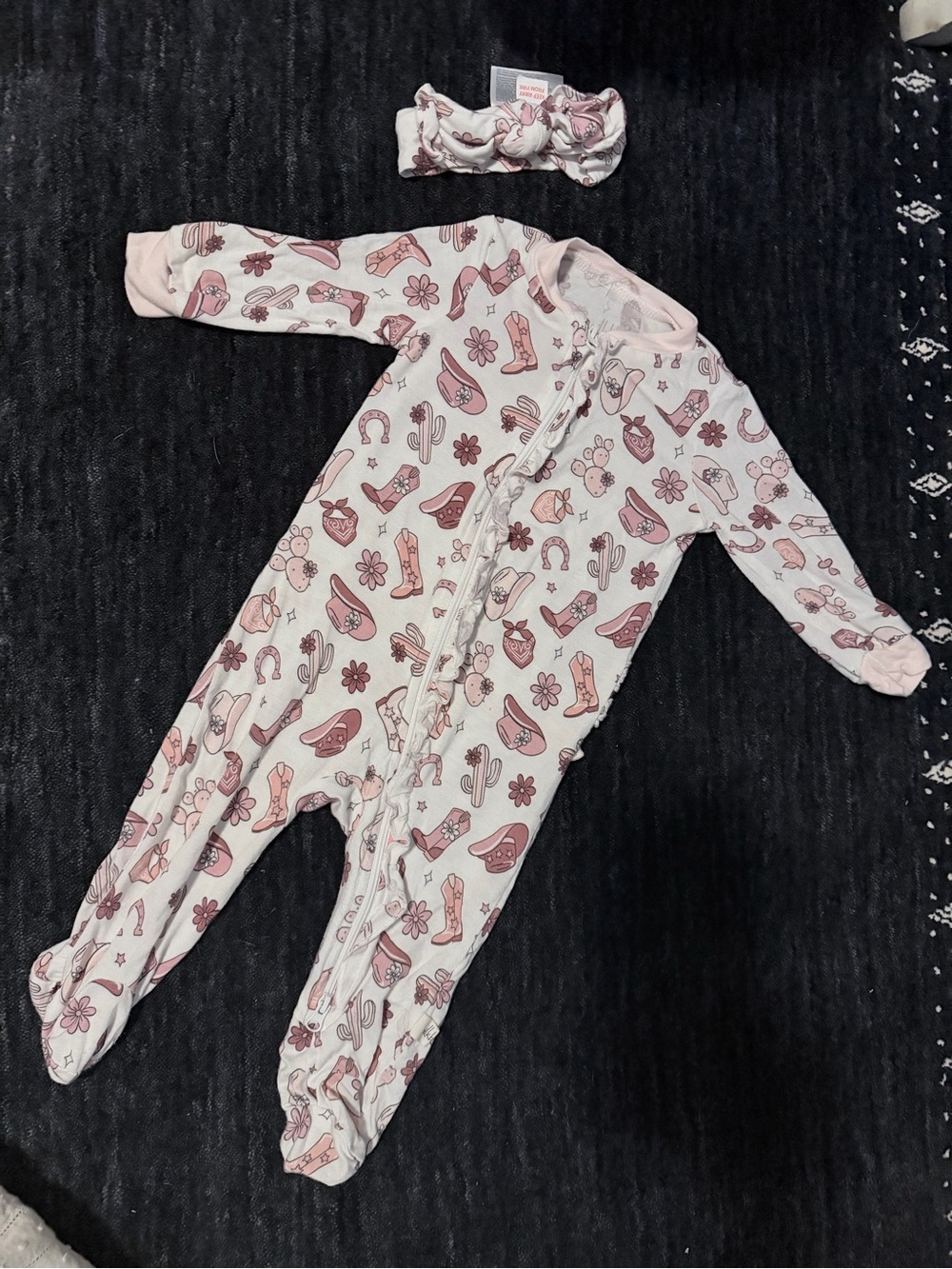 Baby Pink Cowboy-Print Footed One-Piece with Headband